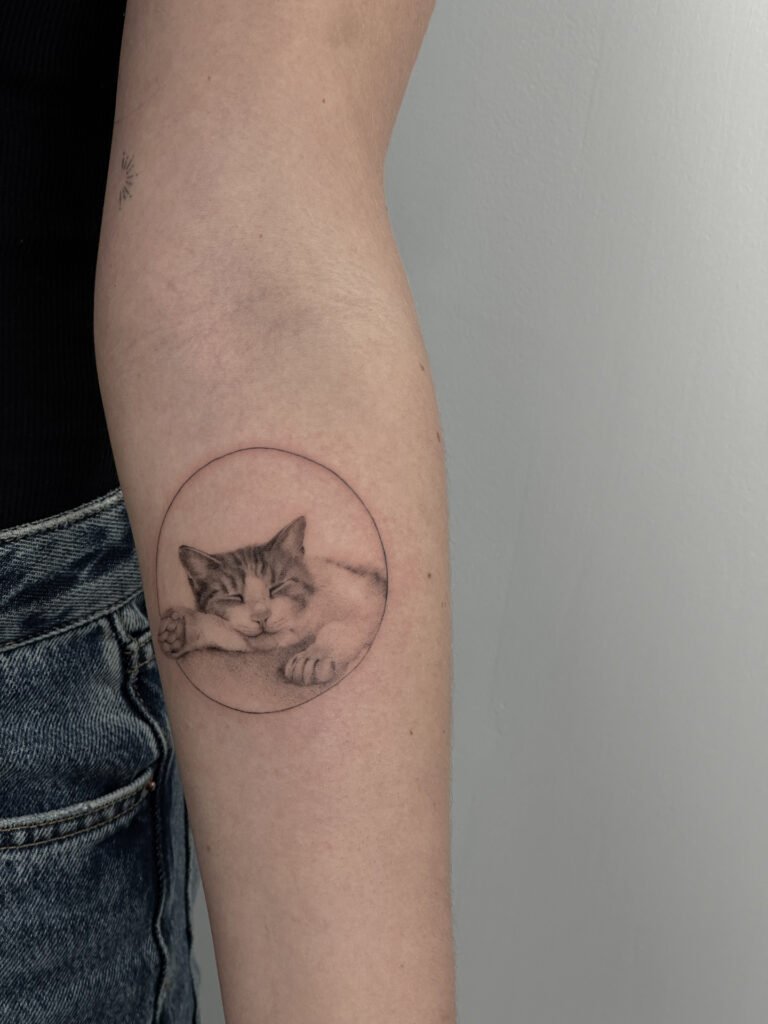 Tatuaż fine line w czerni i szarościach, przedstawiający śpiącego kota zamkniętego w czystej, okrągłej ramie, umieszczony na górnej części ramienia. Wykonany z miękkim cieniowaniem typu dotwork i delikatnym realizmem, ten minimalistyczny portret zwierzęcia oddaje spokój, poczucie bezpieczeństwa i emocjonalną bliskość w subtelnej, ponadczasowej formie. Tatuaż wykonany przez Sonyę (@inksefer) w Fineline Tattoo Gallery dla Tattoo Kraków Kolektyw Artystów.