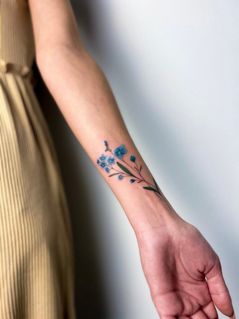Delikatny niebieski tatuaż florystyczny, umieszczony na nadgarstku, wyrażający grację i prostotę poprzez miękką, naturalną formę botaniczną. Lekki i kobiecy projekt, wykonany z subtelnymi akcentami kolorystycznymi oraz wyrafinowaną kreską. Tatuaż wykonany przez Olgę Sankovą (@olga_sankova_tattoo) w Fineline Tattoo Gallery dla Tattoo Kraków Kolektyw Artystów.