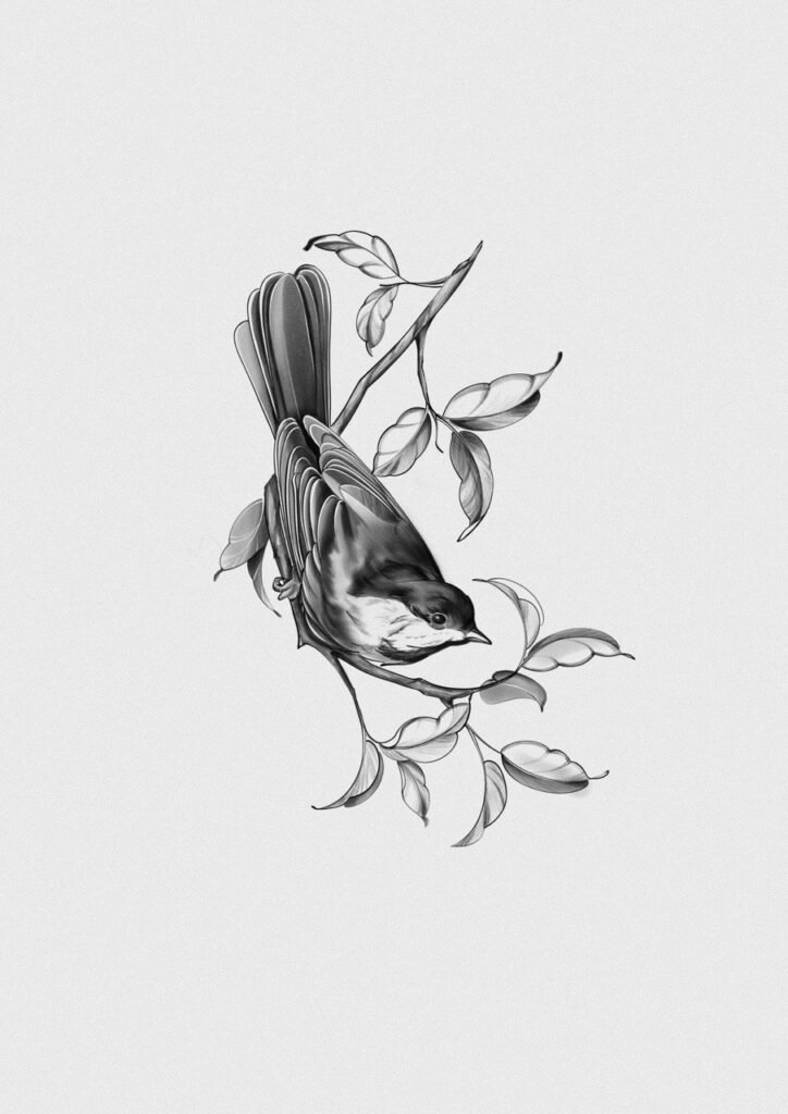 Dostępny projekt tatuażu z motywem ptaka siedzącego na delikatnej gałązce z płynnie opadającymi liśćmi. Wykonany w czerni i szarościach, z precyzyjną kreską i miękkim cieniowaniem, skoncentrowany na czystej, minimalistycznej kompozycji. Projekt tatuażu autorstwa Olga Sankova (@olga_sankova_tattoo), przygotowany dla Tattoo Kraków Kolektyw Artystów.