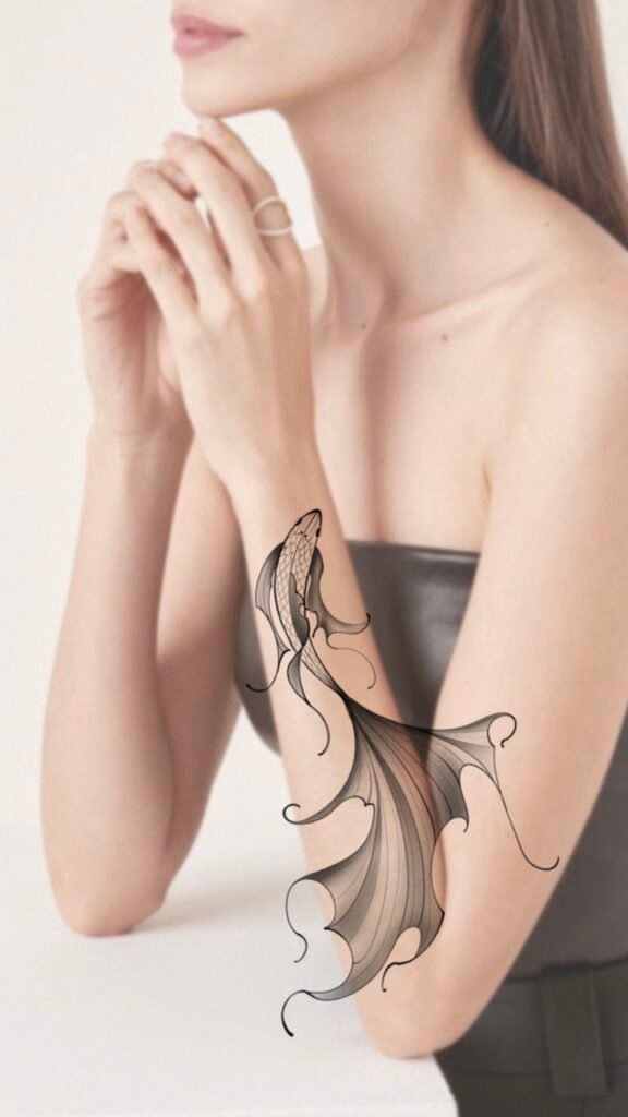 Dostępny projekt tatuażu z motywem meduzy w stylu fine line, umieszczony na przedramieniu, wykonany z płynnych, organicznych linii oraz miękkiego cieniowania w czerni i szarościach. Kompozycja koncentruje się na czystej kresce i naturalnym ruchu. Projekt tatuażu autorstwa Olga Sankova (@olga_sankova_tattoo), przygotowany dla Tattoo Kraków Kolektyw Artystów.