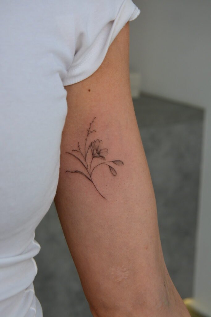 Subtelny i elegancki tatuaż botaniczny z delikatnym motywem roślinnym, wykonany techniką fine line. Praca autorstwa Olgi Sankovej (@olga_sankova_tattoo) wykonana w Fineline Tattoo Gallery dla Tattoo Krakow Artists Collective. Tatuaż znajduje się na ramieniu i charakteryzuje się wyjątkową lekkością oraz precyzją.